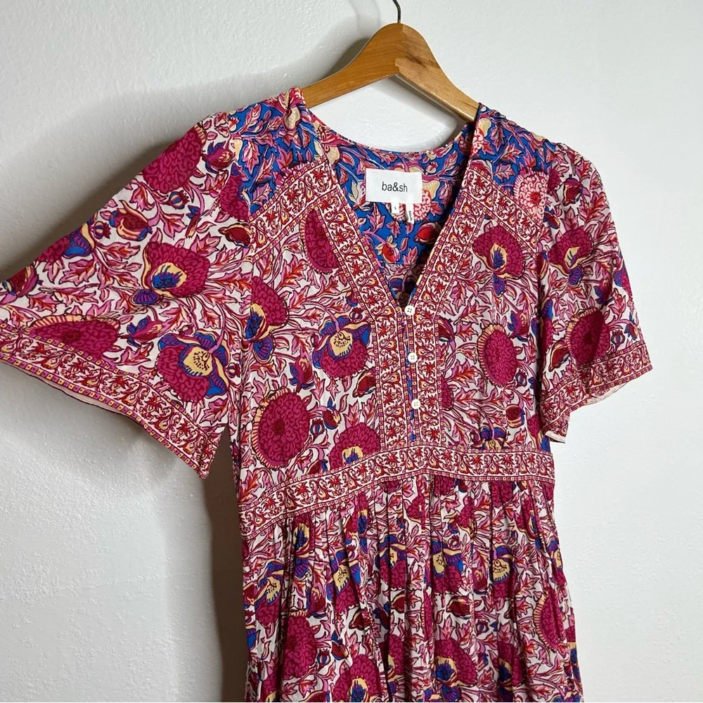 Ba&sh Valia Floral Pink Multicolor Bright Printed Mini Dress Size Small - Picture 8 of 13